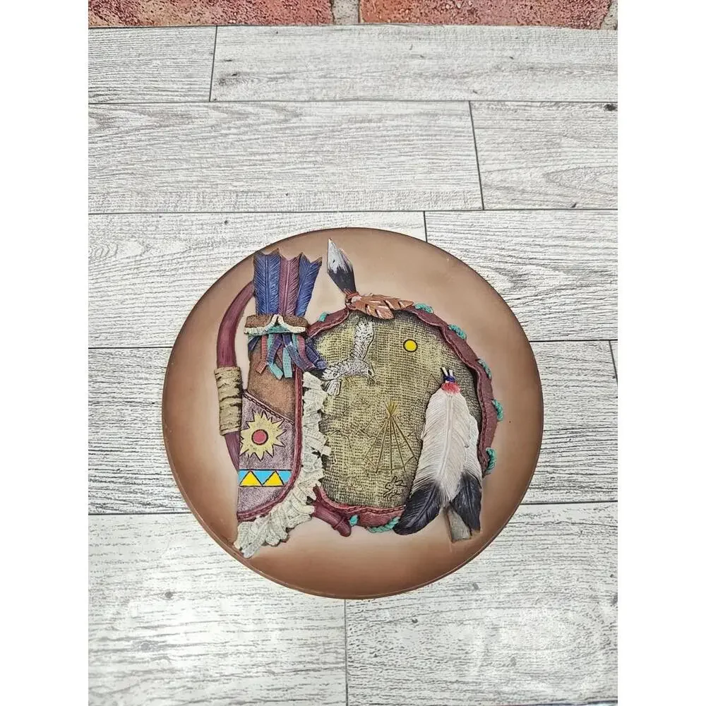 Embossed Cultural 3D Design Clay Plates Native American Indian Pottery Set of 4